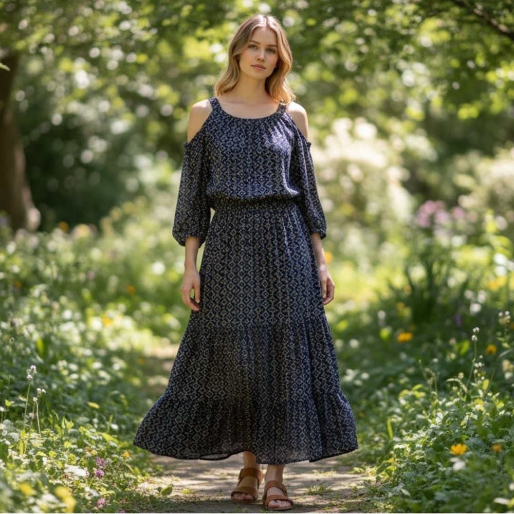 Ralph Lauren Navy Patterned Cold-Shoulder Maxi Dress